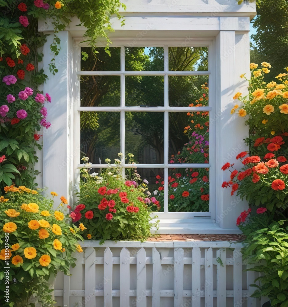 Fototapeta premium A beautiful white window perched atop a wooden fence overlooking a vibrant green garden filled with colorful flowers and lush foliage, natural stone, leafy greens
