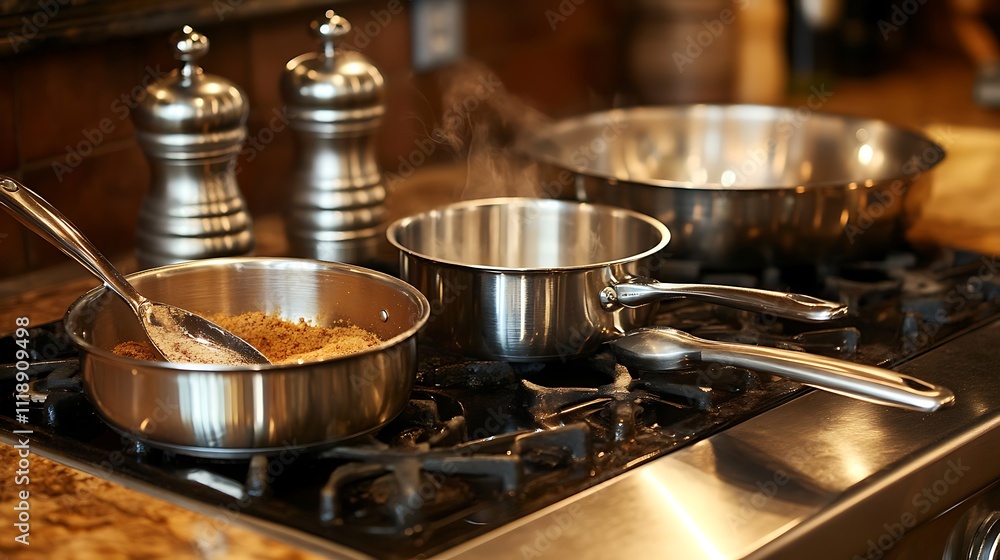 Modern kitchen with stainless steel cookware Modern kitchen with stainless steel cookware