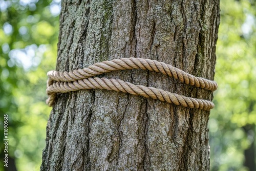 A thick rope wrapped around the trunk of a tree in a natural setting.