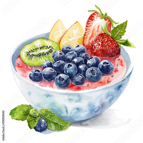 A watercolor painting of a fruit smoothie bowl, isolated on a white background. Fruit smoothie bowl vector.