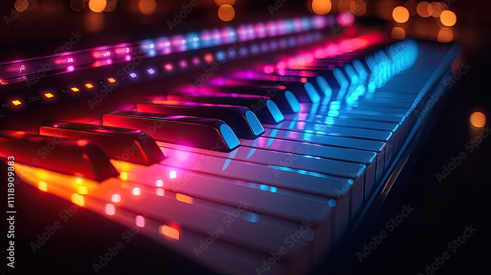 A piano keyboard is bathed in colorful lights, creating a mesmerizing and artistic display A piano keyboard is bathed in colorful lights, creating a mesmerizing and artistic display