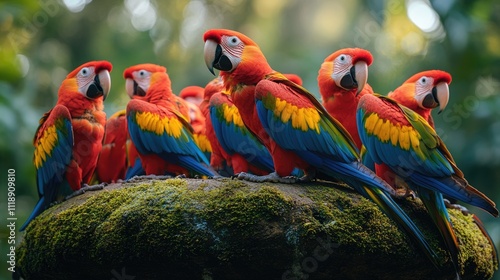 Tropical charm: a stunning parrot with vivid feathers, resting amid untouched beauty of nature, highlighting vibrant colors, serene atmosphere of its natural habitat in perfect harmony.