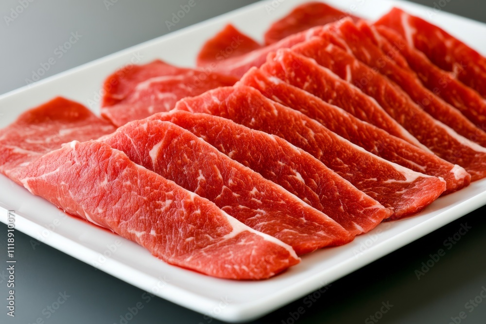 Freshly sliced raw beef arranged neatly on a white platter ready for cooking Freshly sliced raw beef arranged neatly on a white platter ready for cooking