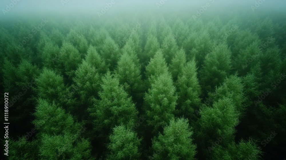 Fototapeta premium Aerial view of misty evergreen forest.