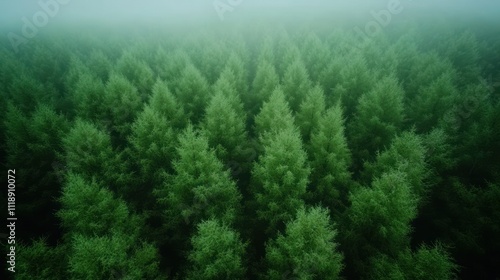 Aerial view of misty evergreen forest.