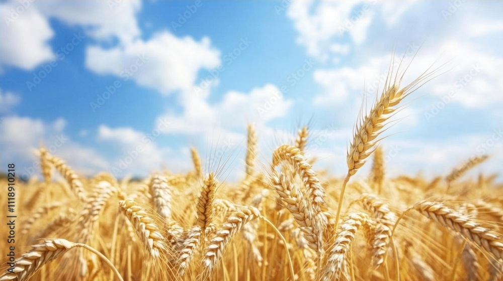 Fototapeta premium A golden wheat field under a blue sky with fluffy clouds.