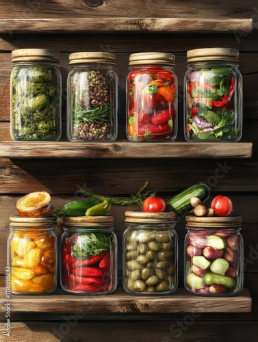 Preserved food in glass jars, on a wooden shelf. Various marinaded food photo