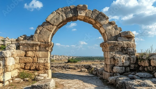 Ancient stone archway overlooking a vast landscape under a blue sky.