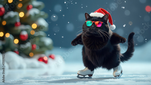 Black cat wearing a Santa hat and colorful sunglasses while ice skating on snow. Winter holiday and Christmas celebration concept with copy space for festive designs