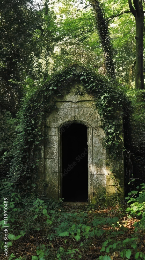 An overgrown stone structure in a lush, green forest. An overgrown stone structure in a lush, green forest.