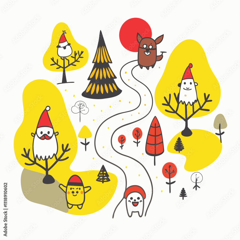 A whimsical forest scene featuring trees with animal faces, a winding path, and cheerful characters. A whimsical forest scene featuring trees with animal faces, a winding path, and cheerful characters.