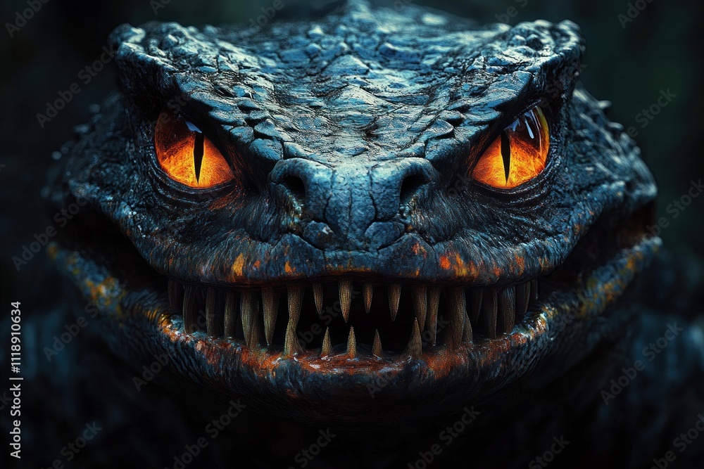 menacing lizard creature with glowing eyes predatory monster close-up razor-sharp teeth menacing lizard creature with glowing eyes predatory monster close-up razor-sharp teeth