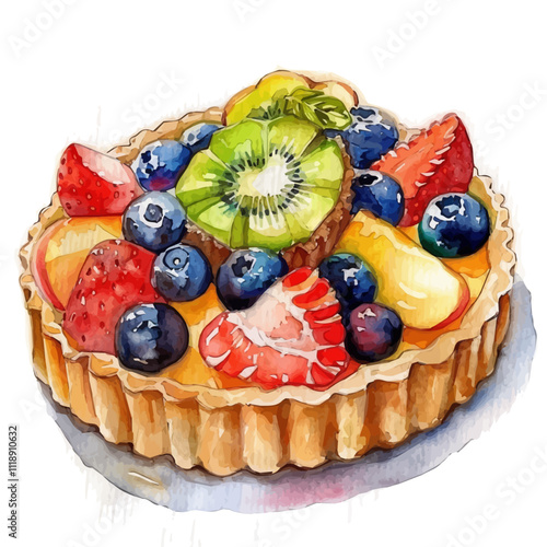 A watercolor vector of a fruit tart, isolated on a white background. Fruit tart vector.