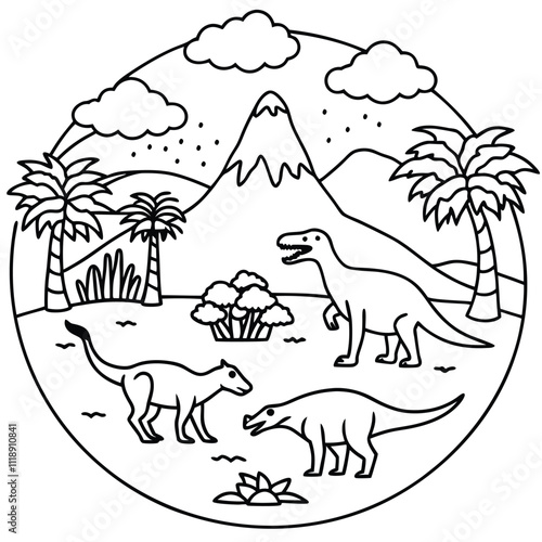 A black and white line drawing depicting three dinosaurs in a prehistoric landscape with a mountain, palm trees, and small bushes
