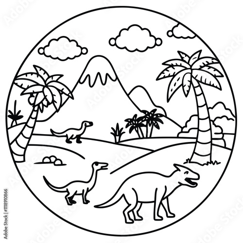 Three dinosaurs walk through a prehistoric valley with palm trees and a mountain in the background