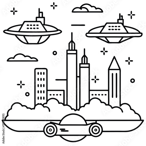 A line art illustration depicts a futuristic cityscape with three flying vehicles and stars in the night sky