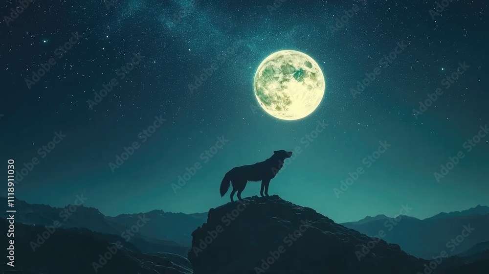 Lone Wolf Howls at Night Moon, Majestic Mountain Peaks Under Starry Sky Lone Wolf Howls at Night Moon, Majestic Mountain Peaks Under Starry Sky