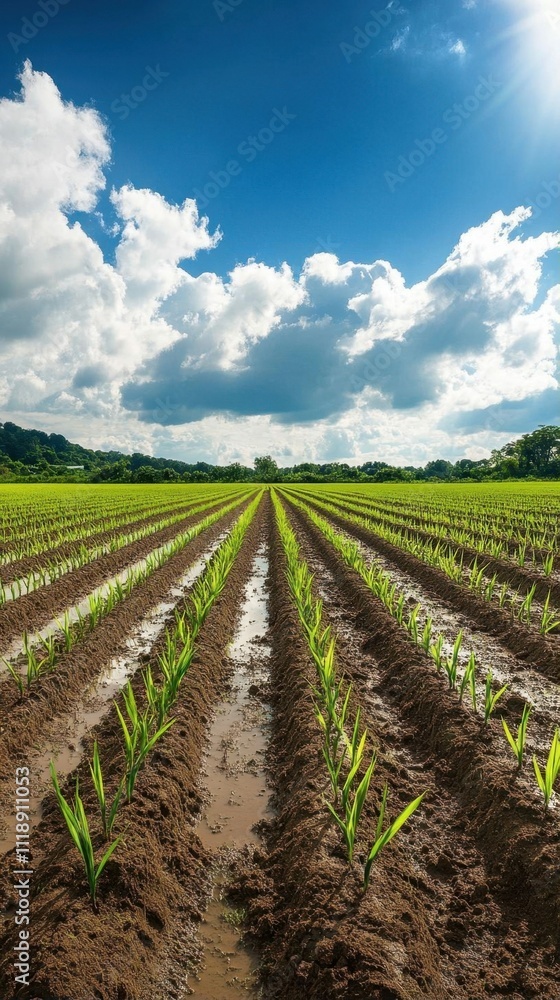 Lush green rice fields under a bright blue sky and fluffy clouds. Lush green rice fields under a bright blue sky and fluffy clouds.
