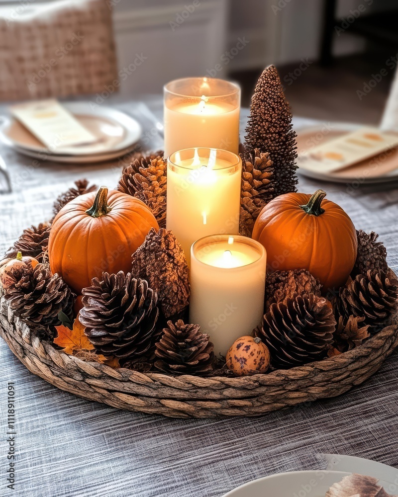 A cozy autumn centerpiece with candles, pumpkins, and pinecones. A cozy autumn centerpiece with candles, pumpkins, and pinecones.
