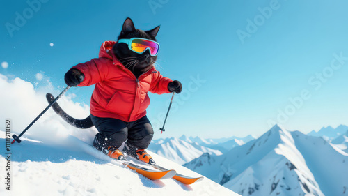 Wallpaper Mural Black cat skiing on snowy slopes, with copy space. Ski holiday and winter travel advertising concept for seasonal campaigns Torontodigital.ca