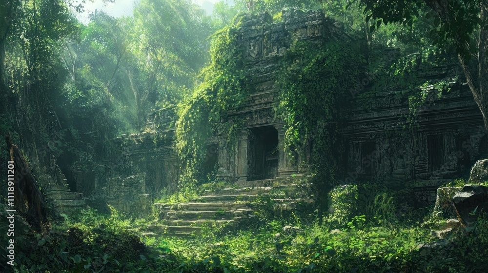 A dense jungle with a hidden temple overgrown with vines A dense jungle with a hidden temple overgrown with vines