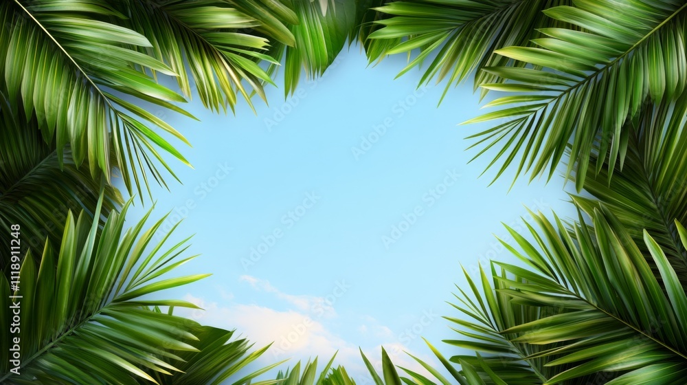 Lush green palm leaves frame a bright blue sky in a tropical paradise at midday Lush green palm leaves frame a bright blue sky in a tropical paradise at midday
