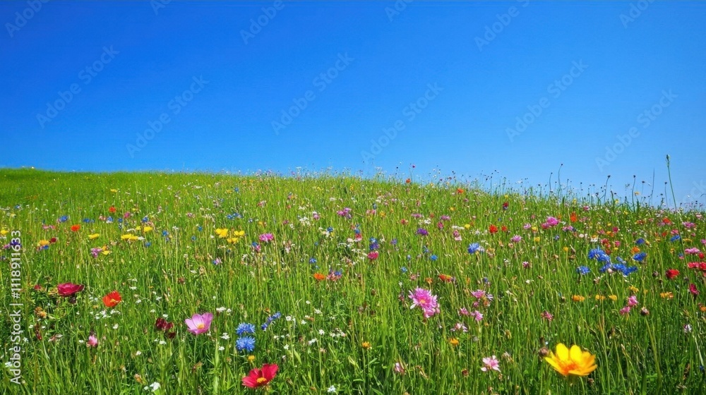 A vibrant field of wildflowers under a clear blue sky. A vibrant field of wildflowers under a clear blue sky.