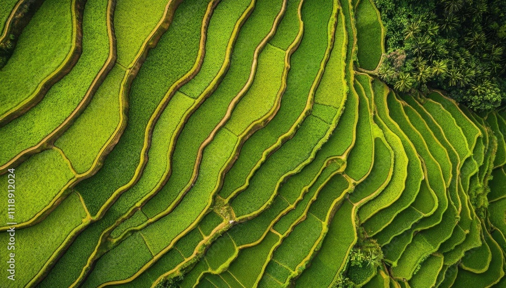 Fototapeta premium Aerial view of lush green terraced rice fields in a mountainous region.