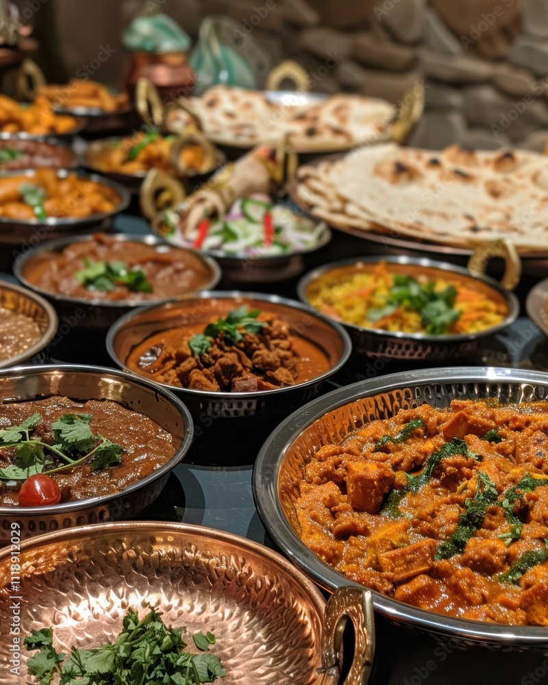 A vibrant spread of Indian dishes, showcasing various curries and breads. A vibrant spread of Indian dishes, showcasing various curries and breads.