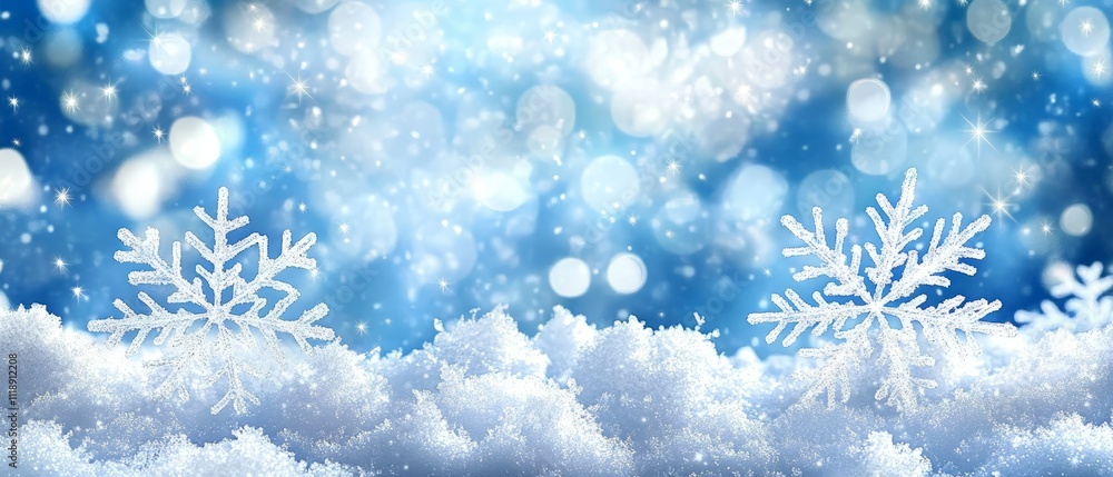 Snowflakes Close Up on Snowy Ground with Bokeh Lights - Magical Winter and Christmas Background Snowflakes Close Up on Snowy Ground with Bokeh Lights - Magical Winter and Christmas Background