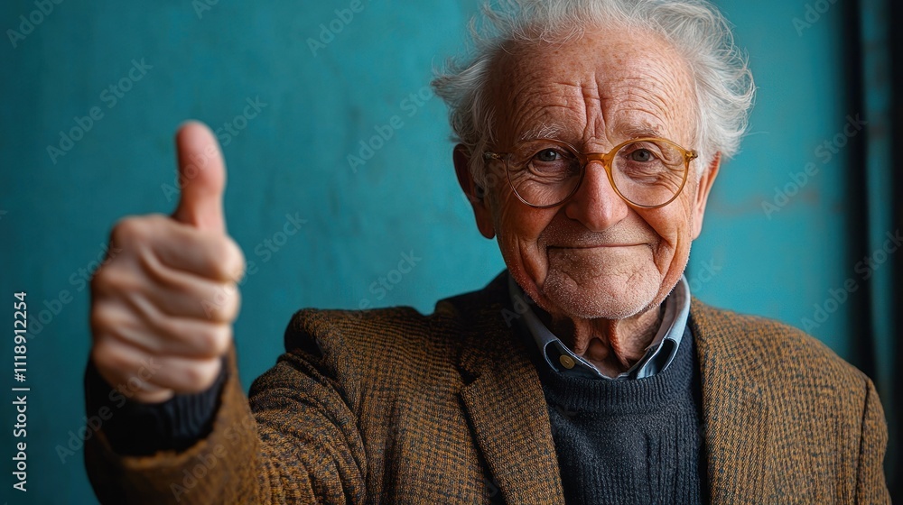 smiling elderly gentleman in suit shirt and tie on turquoise background giving thumbs up smiling elderly gentleman in suit shirt and tie on turquoise background giving thumbs up