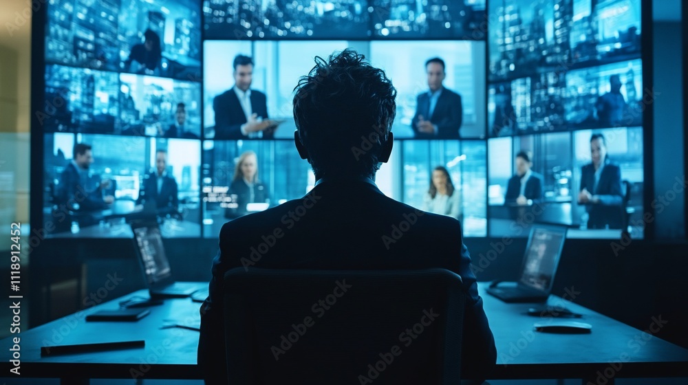Man viewing multiple video conference screens. Man viewing multiple video conference screens.