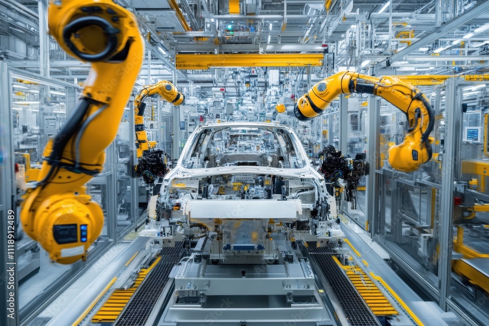 Robotic arms assembling a car in a modern factory setting. Robotic arms assembling a car in a modern factory setting.