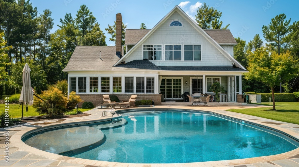 A beautiful home with a swimming pool and landscaped garden. A beautiful home with a swimming pool and landscaped garden.