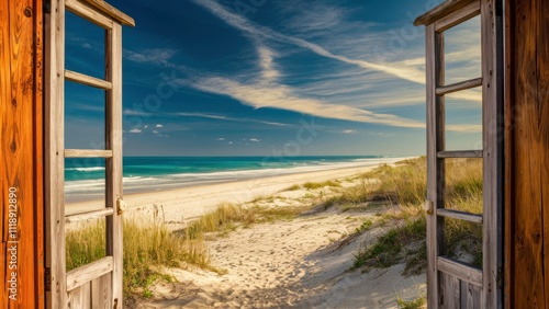 Idyllic Seaside View Through Open Wooden Shack Doors with Sandy Beach and Turquoise Ocean

