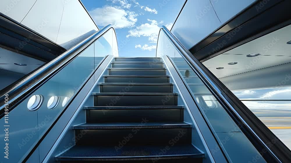 Stairs Ascending to Airplane Under Clear Sky, Embracing Spirit of Travel Amongst Clouds at Airport Stairs Ascending to Airplane Under Clear Sky, Embracing Spirit of Travel Amongst Clouds at Airport