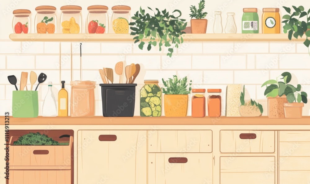 Fototapeta premium A cozy kitchen scene filled with fresh produce and cooking essentials.