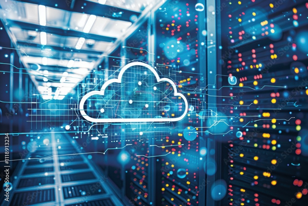 Digital cloud overlay on a server room, symbolizing data storage. Digital cloud overlay on a server room, symbolizing data storage.