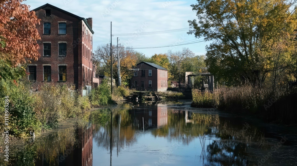 A serene autumn scene featuring buildings by a calm waterway. A serene autumn scene featuring buildings by a calm waterway.