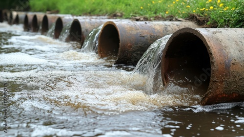 Water flowing from rusty pipes into a stream, indicating pollution.