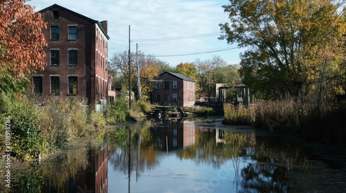 A serene autumn scene featuring buildings by a calm waterway.