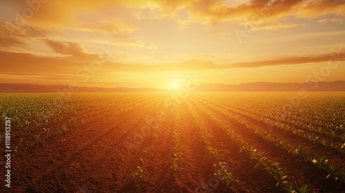 A drone hovers over a young crop field at sunset, showcasing modern farming technology in agriculture.