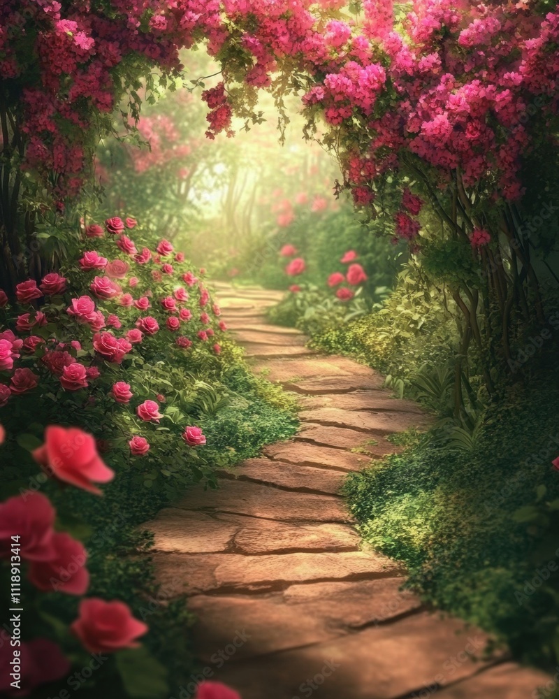 A serene garden path surrounded by vibrant pink flowers. A serene garden path surrounded by vibrant pink flowers.