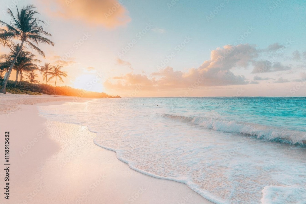 Serene beach at sunset with gentle waves and palm trees. Serene beach at sunset with gentle waves and palm trees.