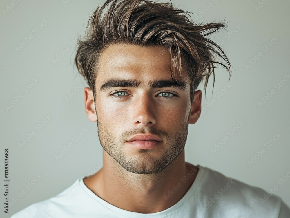 Obraz premium Realistic portrait of a modern man with a trendy haircut, featuring a fade on the sides and longer, textured hair on top styled in a messy, natural look