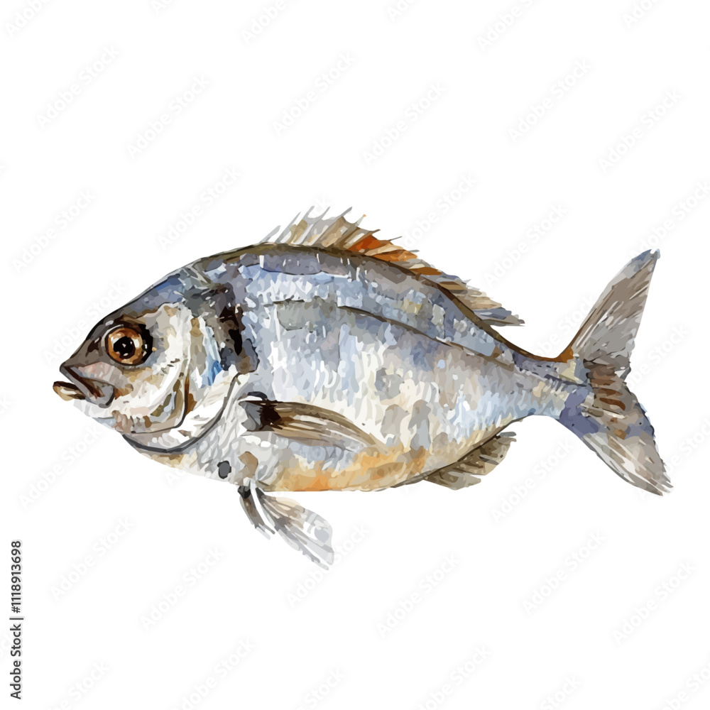 A watercolor of grilled fish, isolated on a white background. Grilled fish vector. A watercolor of grilled fish, isolated on a white background. Grilled fish vector.