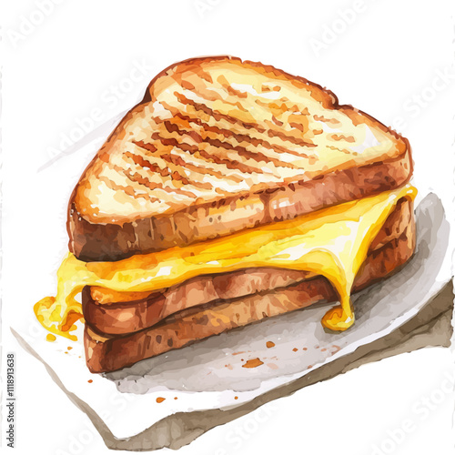 A watercolor vector of a grilled cheese sandwich, isolated on a white background. Grilled cheese sandwich vector.