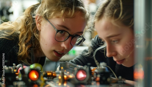 Two individuals focused on a scientific experiment involving lasers.