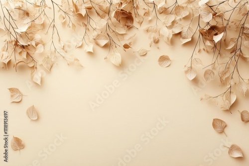 Soft beige background adorned with dried leaves for a natural aesthetic.