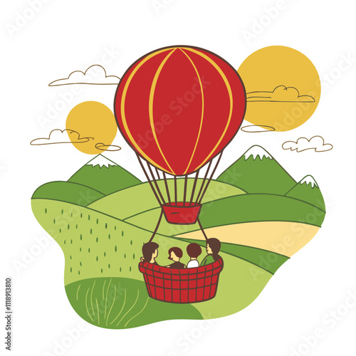 Four people, including children, enjoy a scenic hot air balloon ride over rolling green hills and snow-capped mountains under a bright, sunny sky